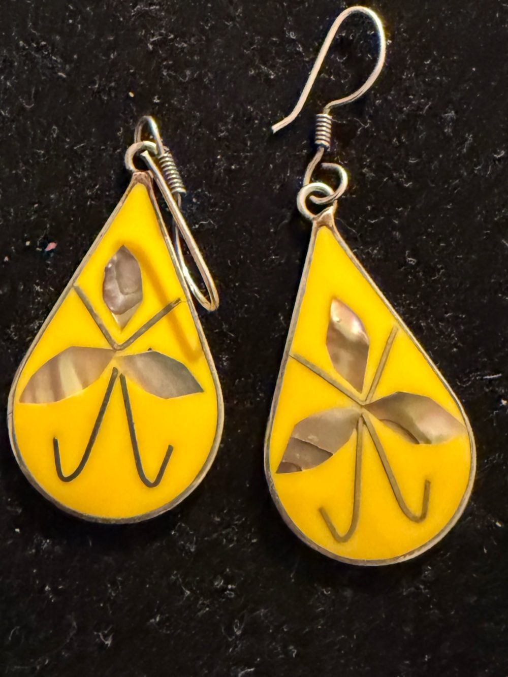 Vintage Mexico Yellow Enamel Mother of Pearl Inlay Dangle Earrings